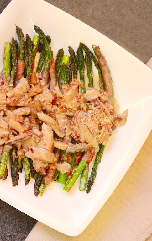 Grilled Prosciutto-Wrapped Asparagus w/ a Creamy White Wine Mushroom Sauce