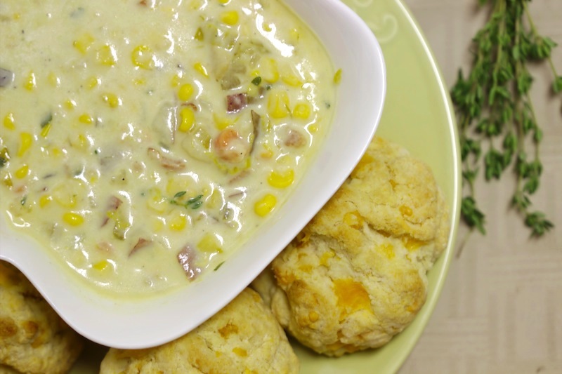 Creamy Corn Chowder and Cheddar Biscuits